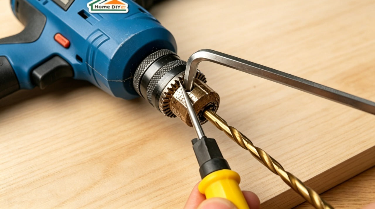 blue drill chuck with a hex wrench inserted and a flathead screwdriver prying the teeth