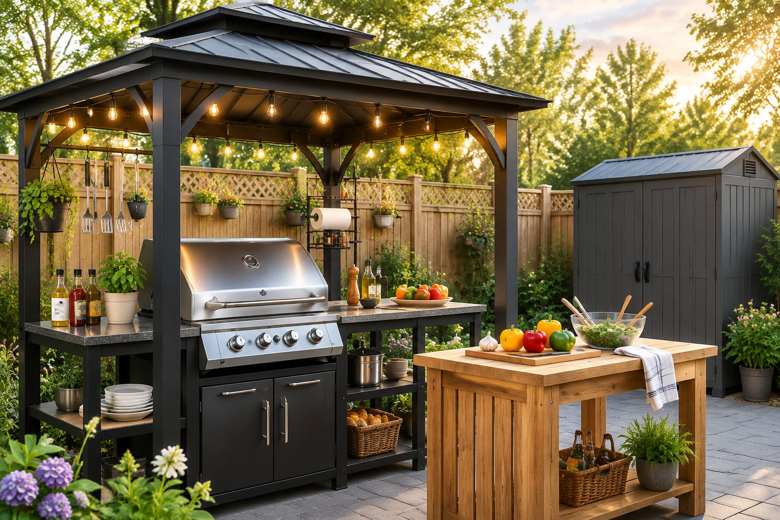 Outdoor BBQ station furniture setup showing gazebo, preparation table, storage and weatherproof hardware in backyard
