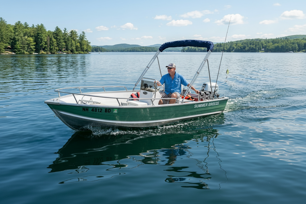 A small fishing boat cruising smoothly on a sunny lake during summer, showcasing well-maintained stainless steel marine hardware.