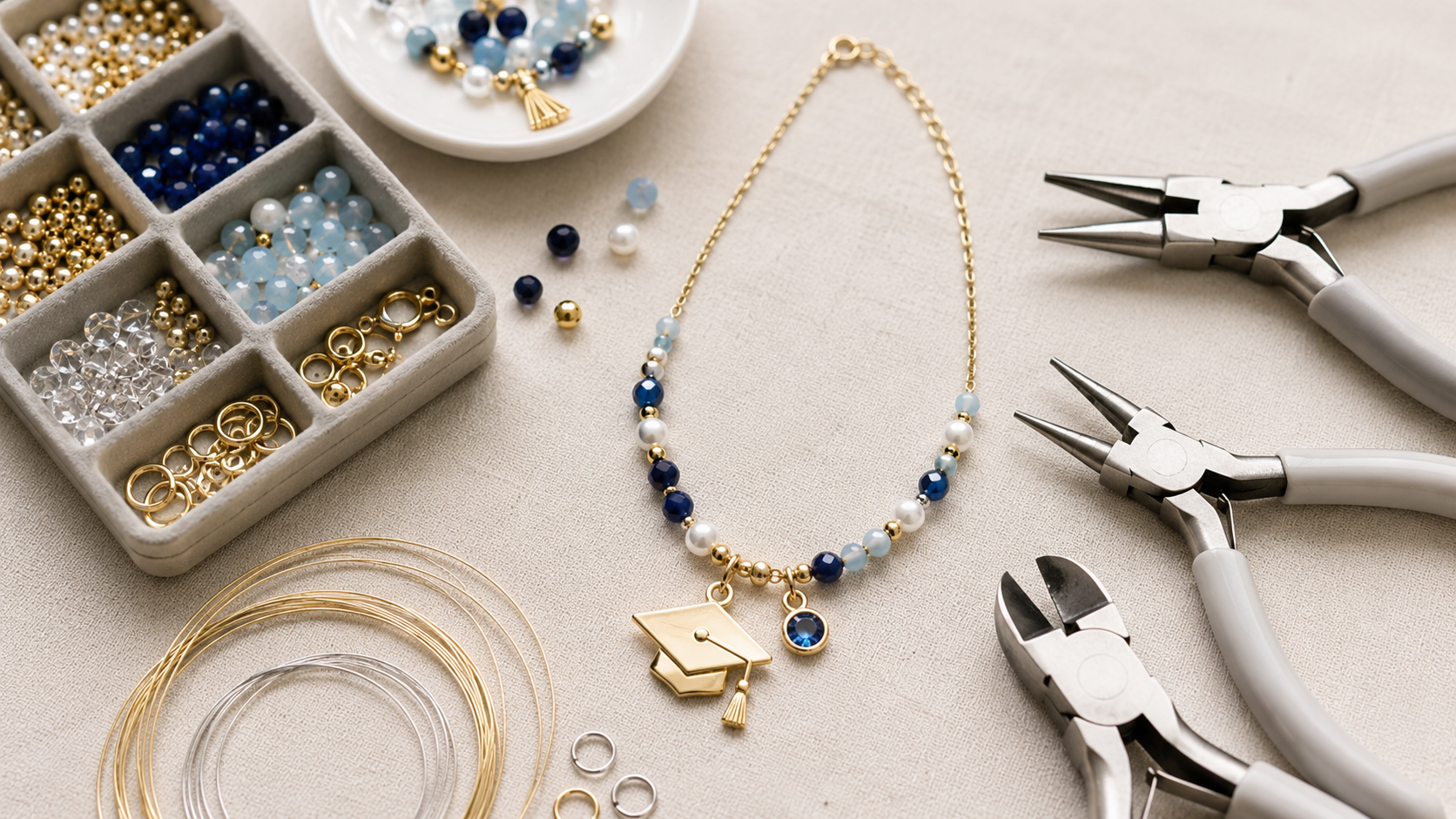 Flat lay of DIY graduation jewelry making supplies including precision pliers, wire, jump rings, colorful beads, and a handmade graduation cap charm necklace on a neutral crafting workspace.