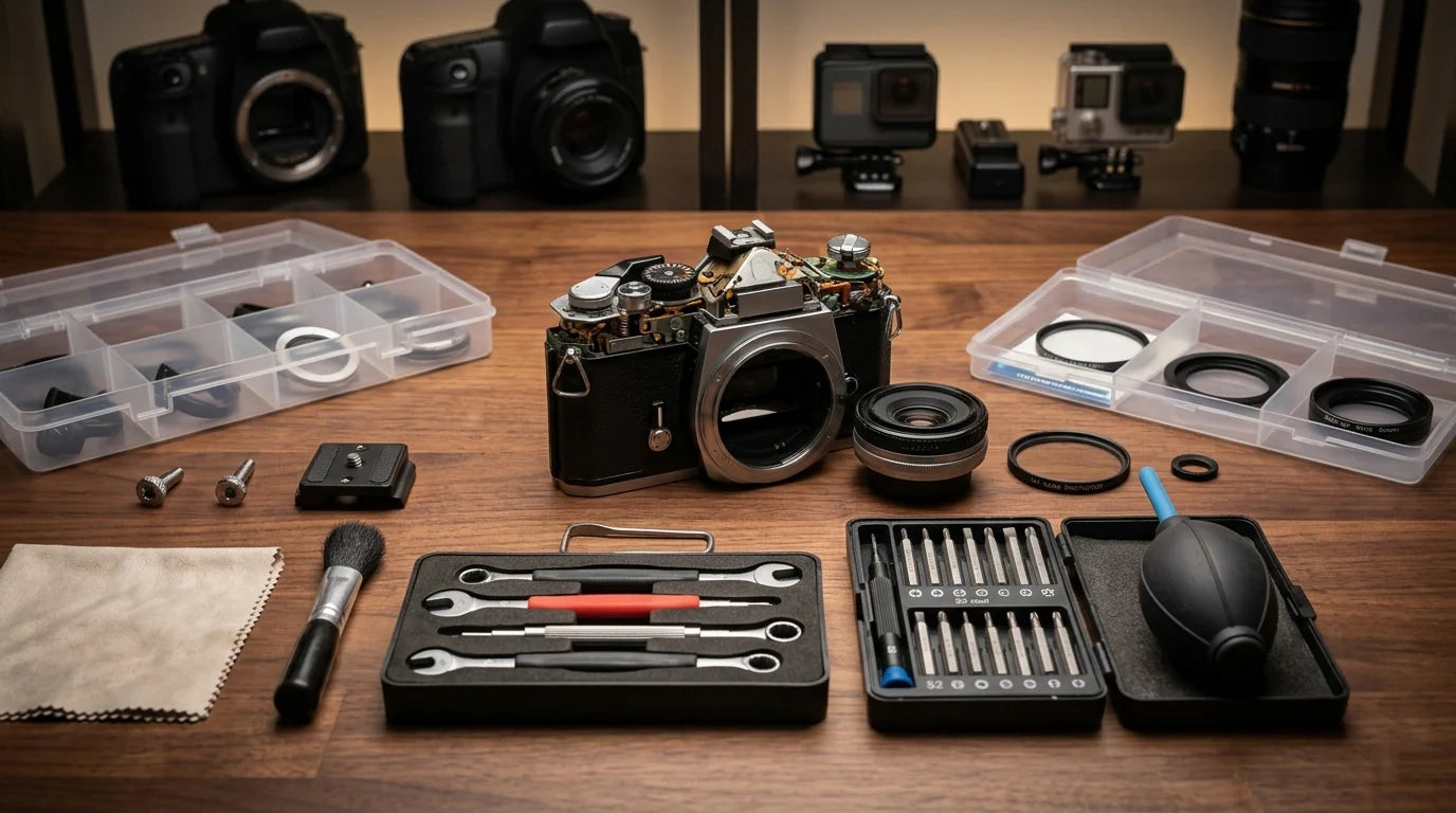 Camera repair tools, precision screwdrivers, and cleaning accessories on a workbench | HomeDIYer