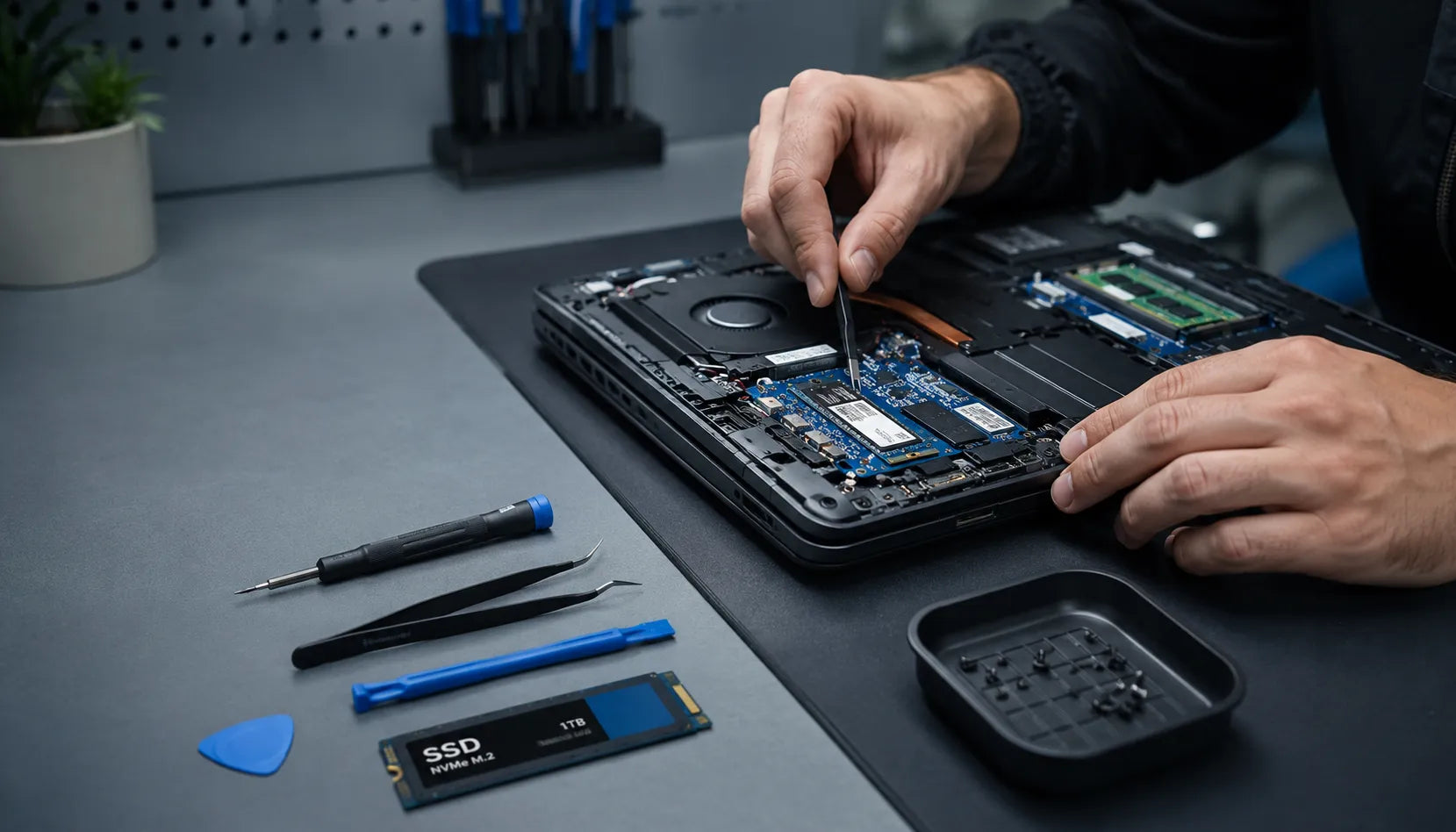 Technician installing an SSD upgrade inside an open laptop with precision repair tools on a professional computer maintenance workbench | HomeDIYer