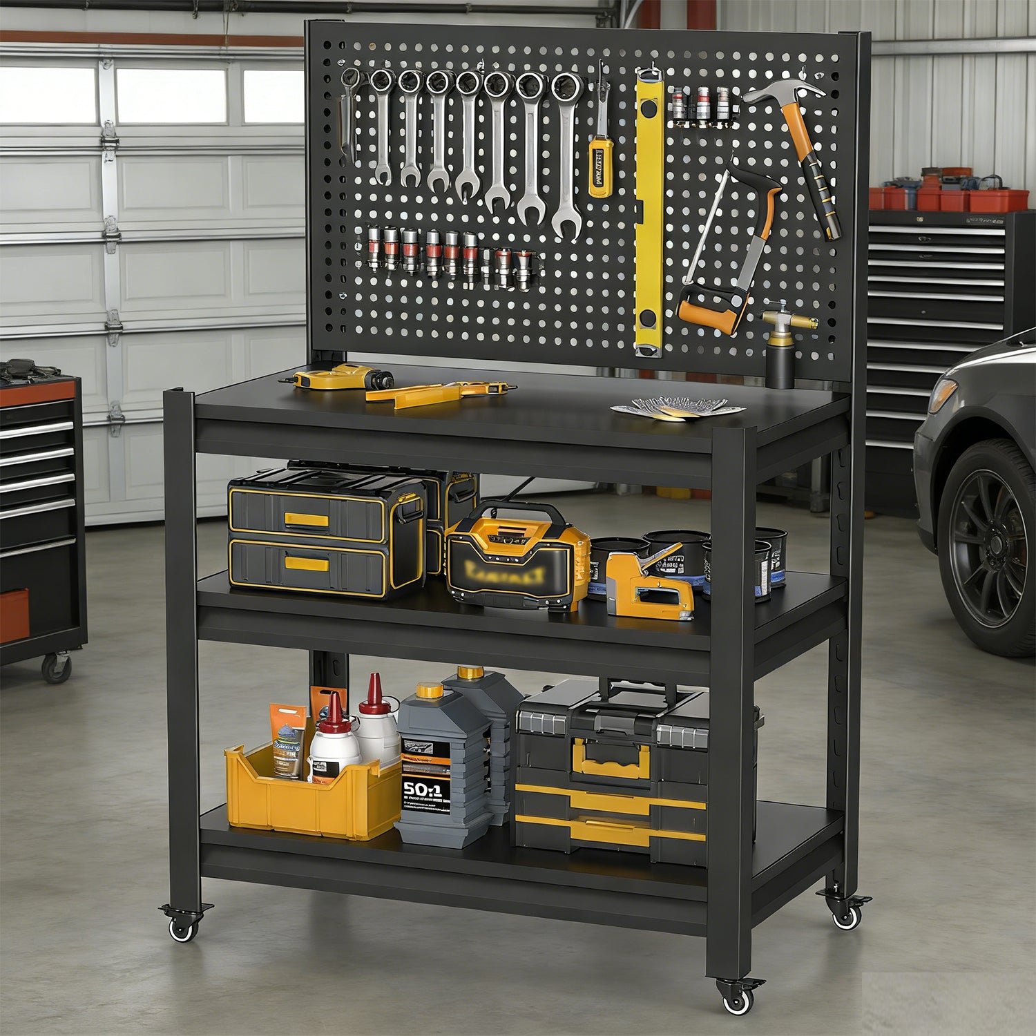Work Bench with Pegboard,Heavy Duty 1000lbs Capacity Workbench with Wheels Adjustable Shelves,Tool Cart,Work Table for Garage Warehouse47.2 H*33.46" W*18" D