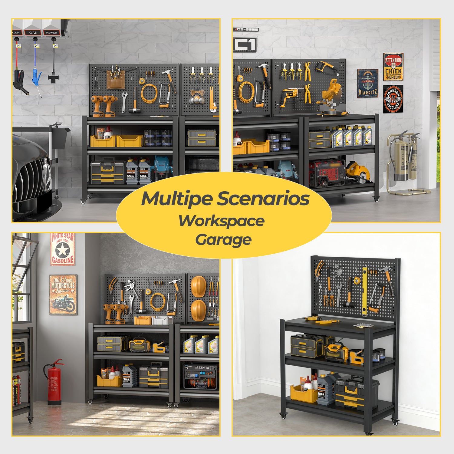 Work Bench with Pegboard,Heavy Duty 1000lbs Capacity Workbench with Wheels Adjustable Shelves,Tool Cart,Work Table for Garage Warehouse47.2 H*33.46" W*18" D