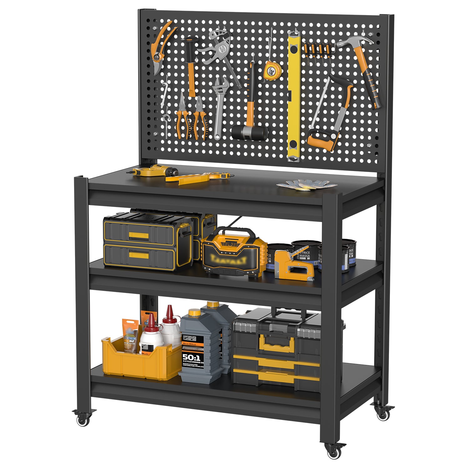Work Bench with Pegboard,Heavy Duty 1000lbs Capacity Workbench with Wheels Adjustable Shelves,Tool Cart,Work Table for Garage Warehouse47.2 H*33.46" W*18" D