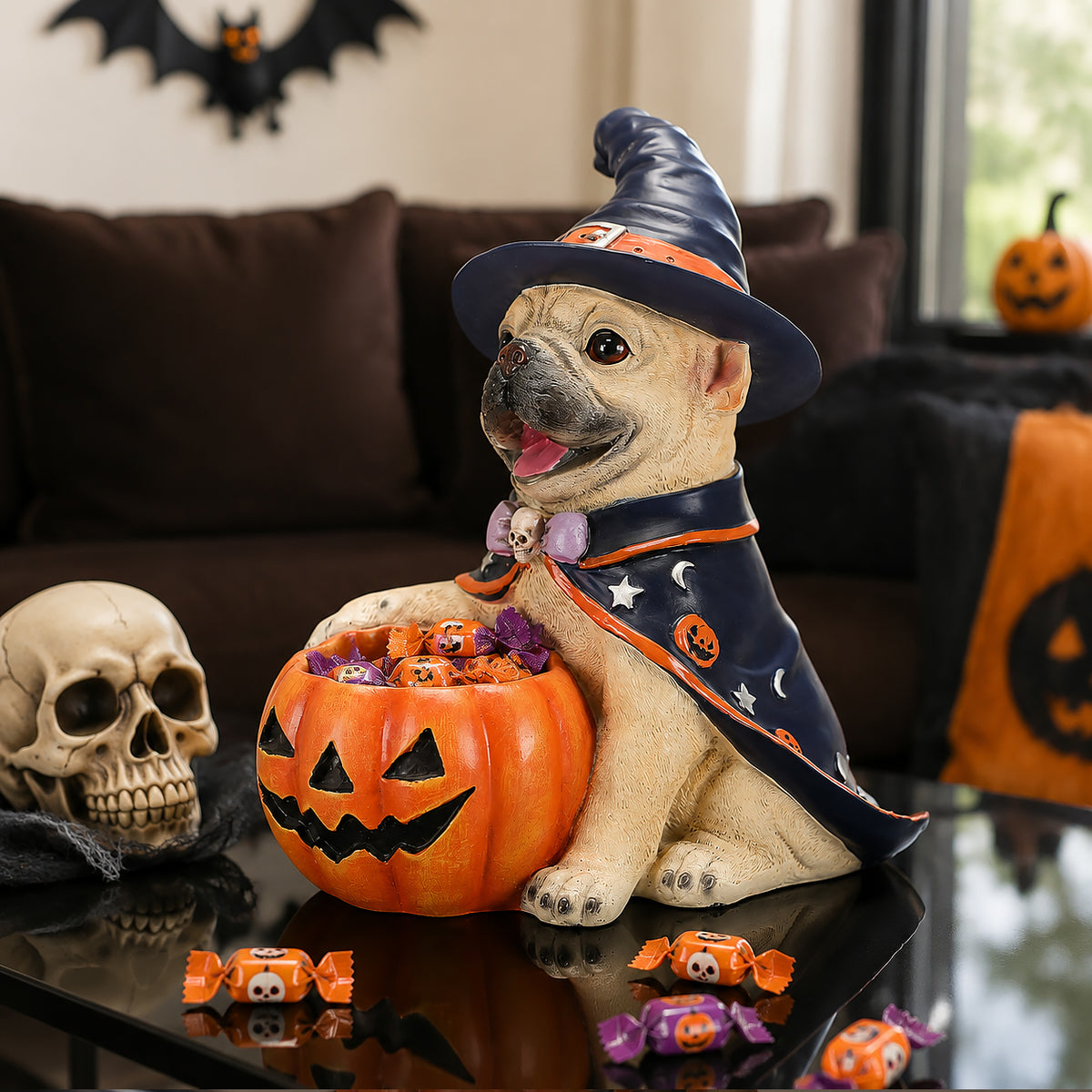 Halloween French Bulldog Figurine with Pumpkin Candy Bowl, Resin