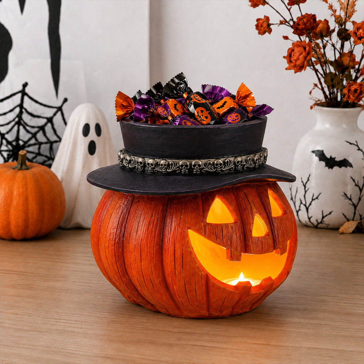 Halloween Pumpkin Candy Bowl with LED Light and Witch Hat