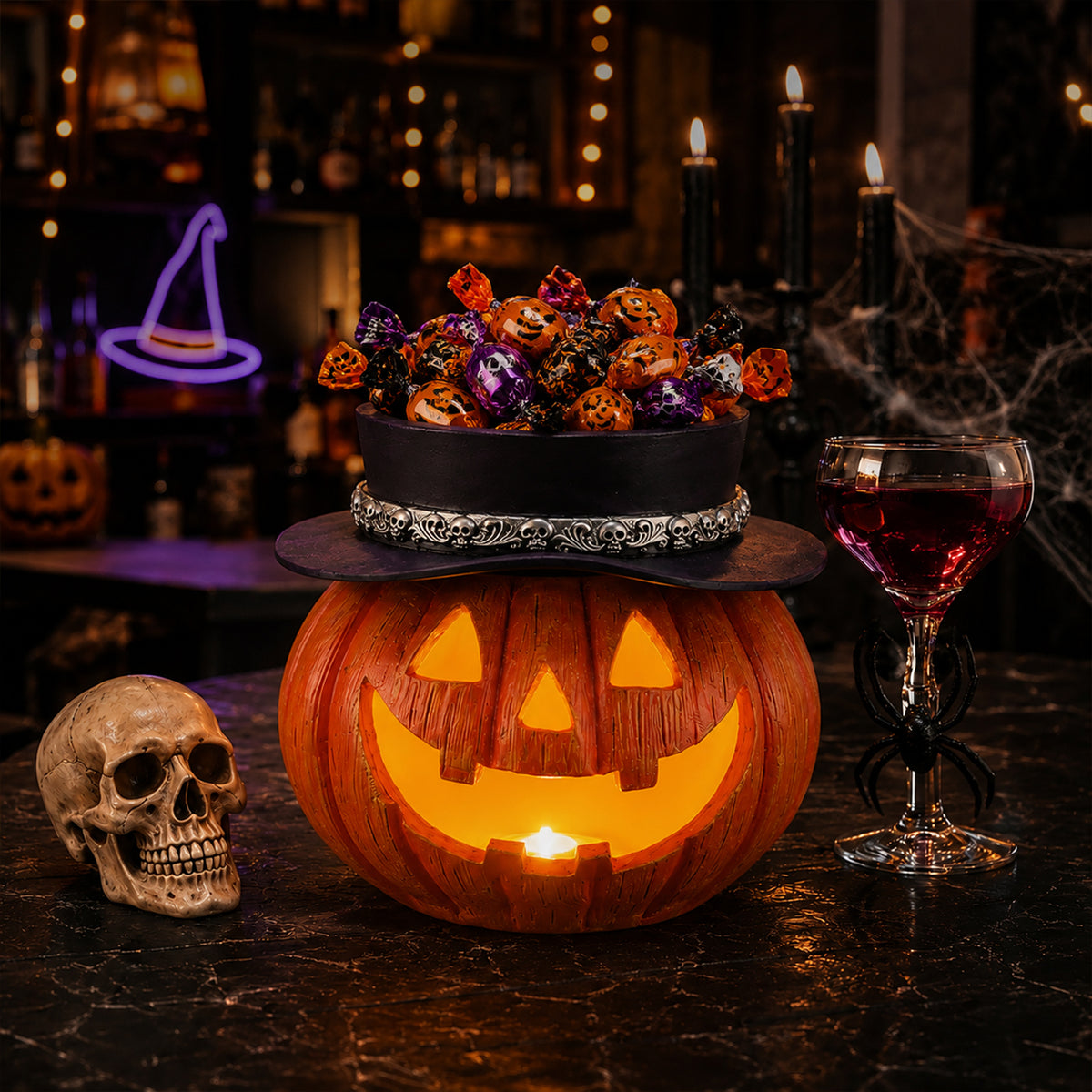 Halloween Pumpkin Candy Bowl with LED Light and Witch Hat