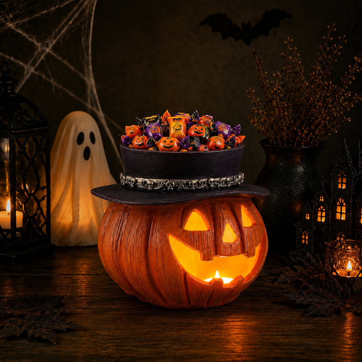 Halloween Pumpkin Candy Bowl with LED Light and Witch Hat
