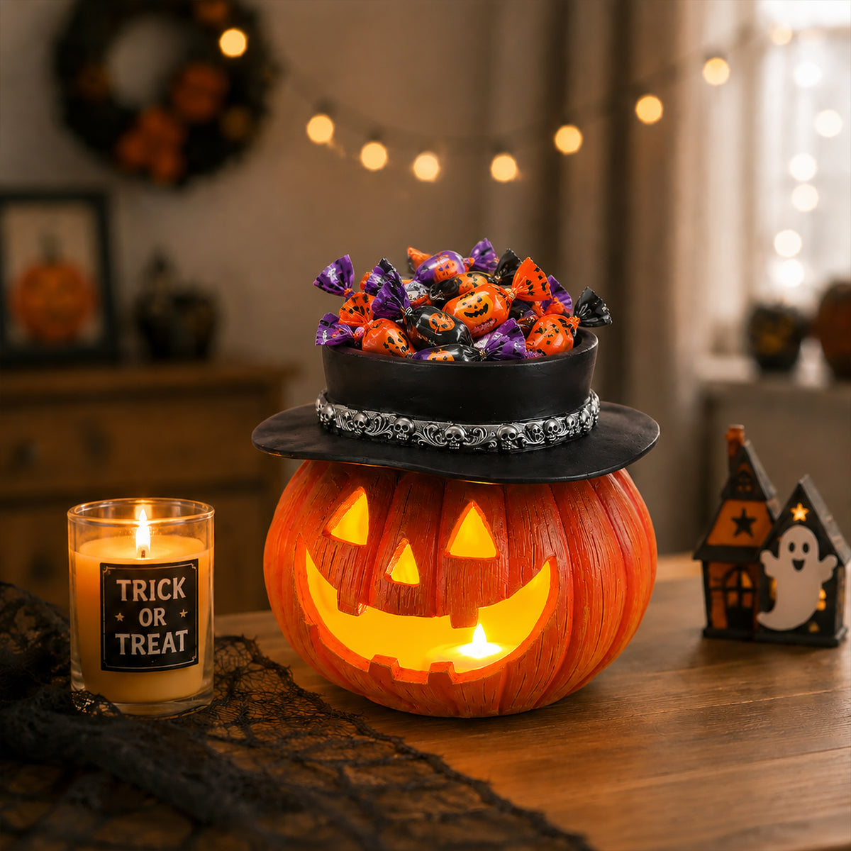 Halloween Pumpkin Candy Bowl with LED Light and Witch Hat