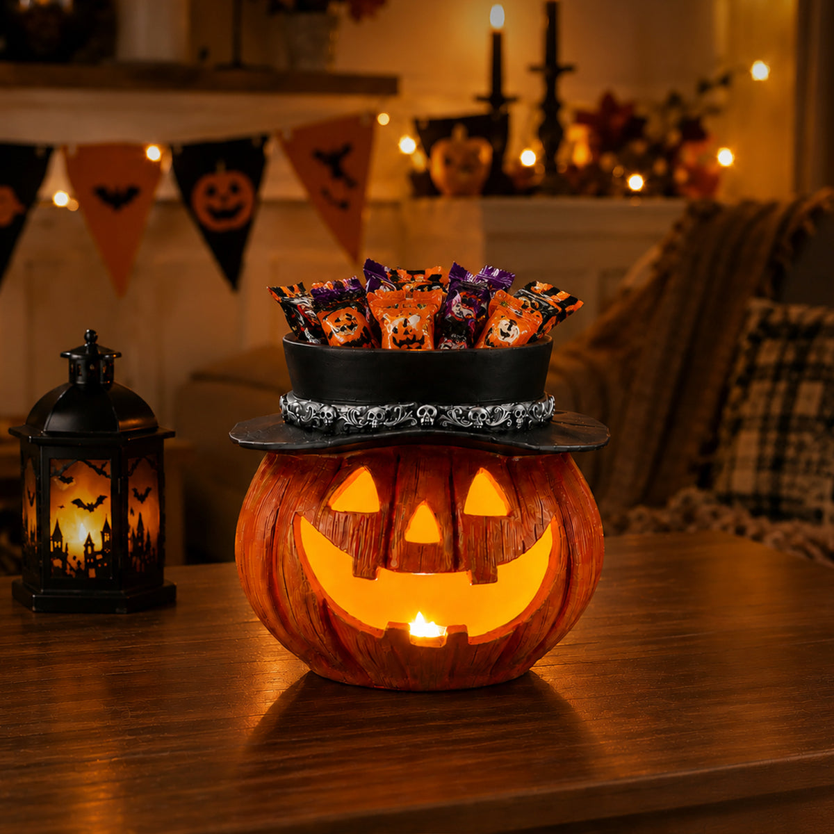 Halloween Pumpkin Candy Bowl with LED Light and Witch Hat