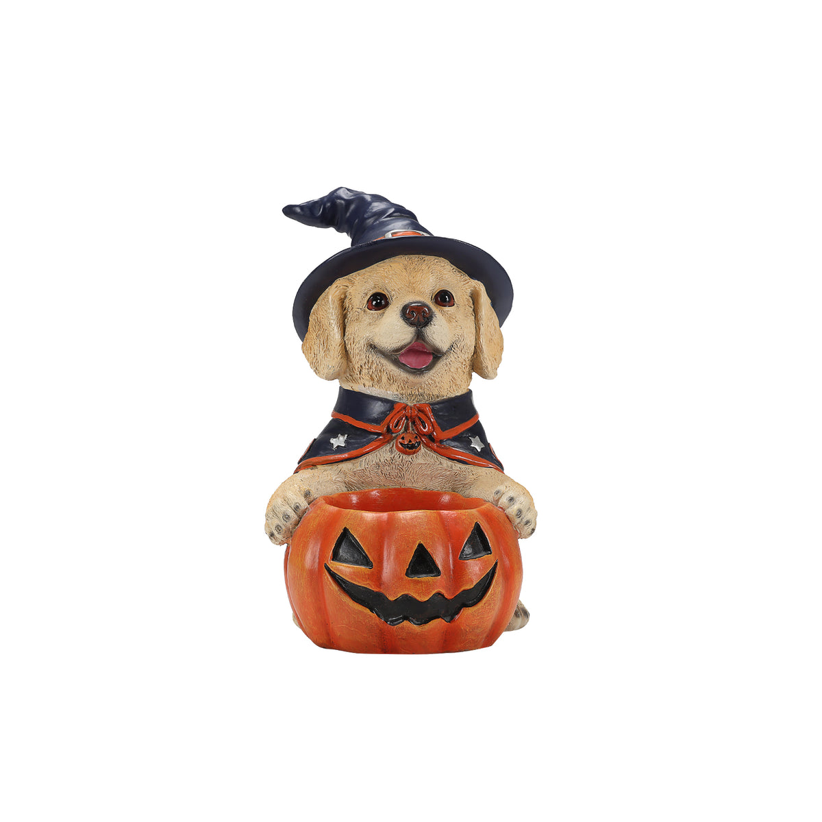 Halloween Labrador Witch Figurine with Pumpkin Candy Bowl, 12.6 in