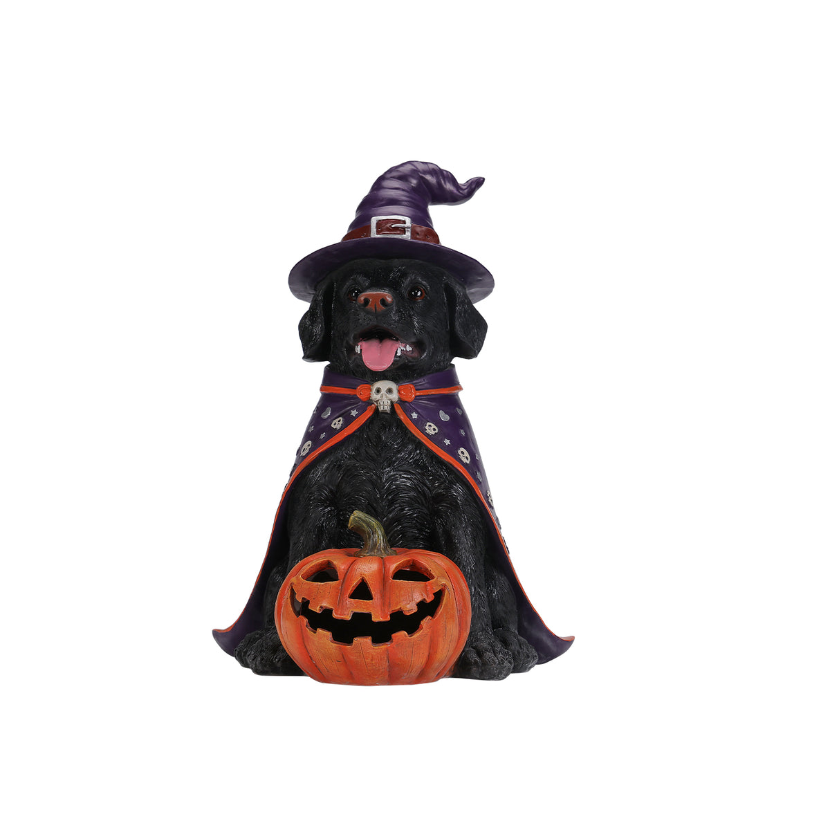 Halloween Labrador Witch Figurine with Pumpkin Candy Bowl, 12.6 in