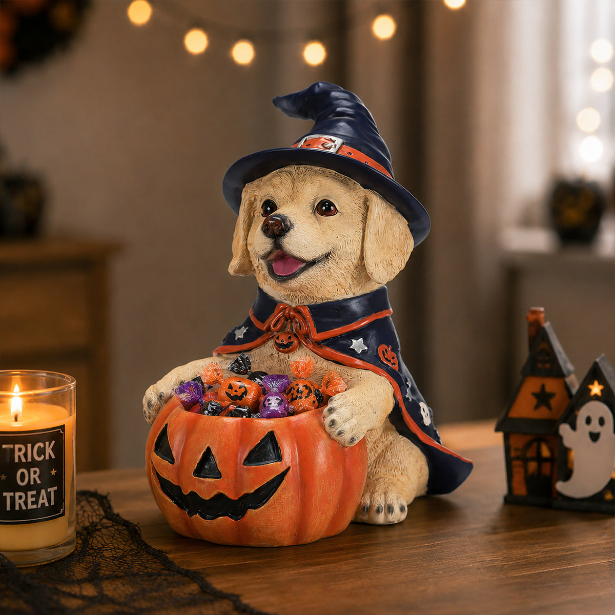 Halloween Labrador Witch Figurine with Pumpkin Candy Bowl, 12.6 in