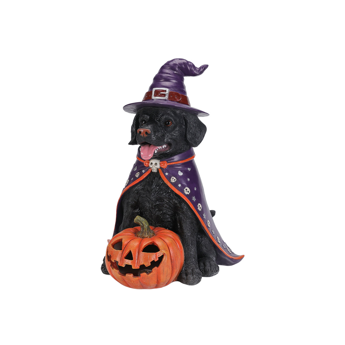Halloween Labrador Witch Figurine with Pumpkin Candy Bowl, 12.6 in