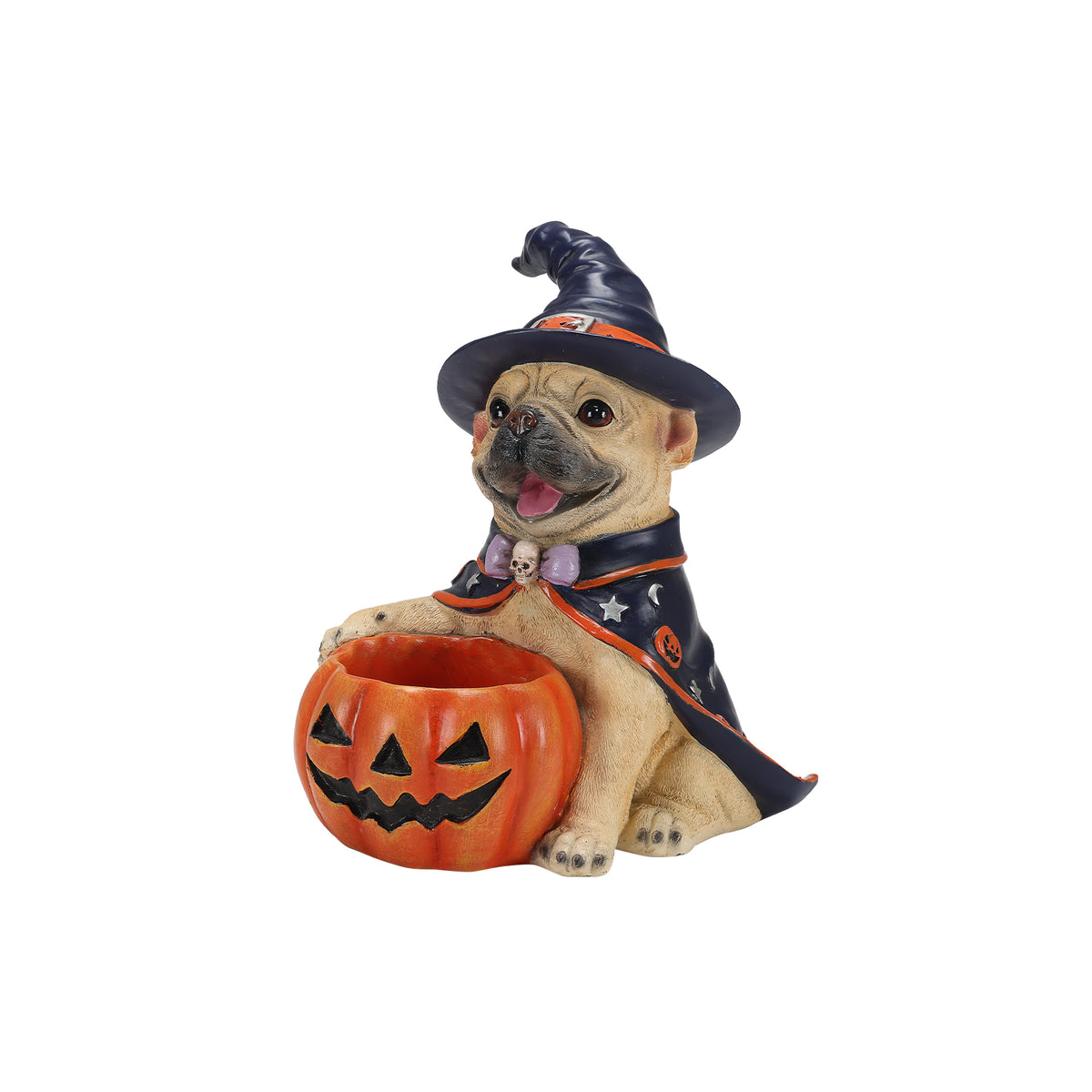 Halloween French Bulldog Figurine with Pumpkin Candy Bowl, Resin