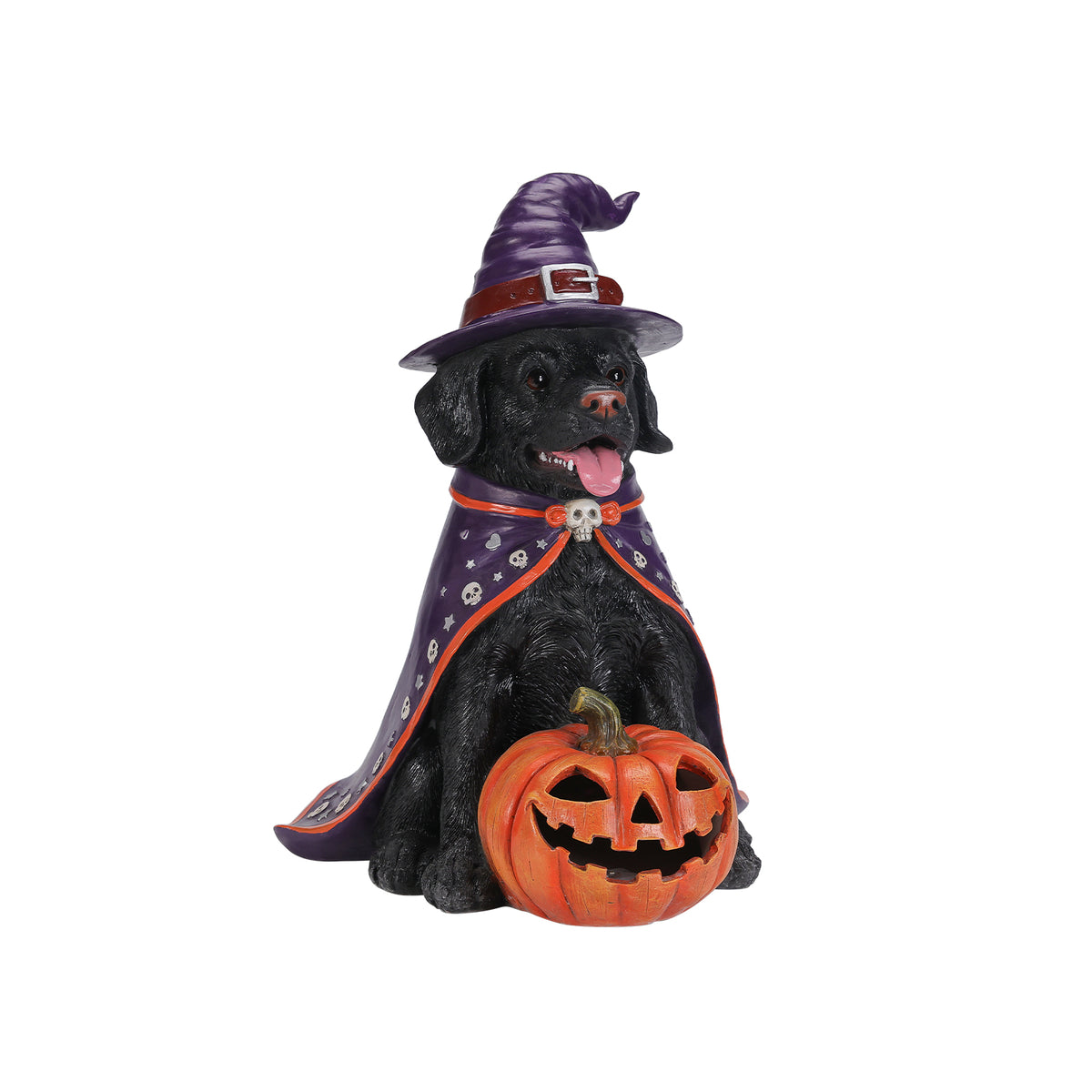 Halloween Labrador Dog Statue with LED Pumpkin, 19.69-Inch Resin
