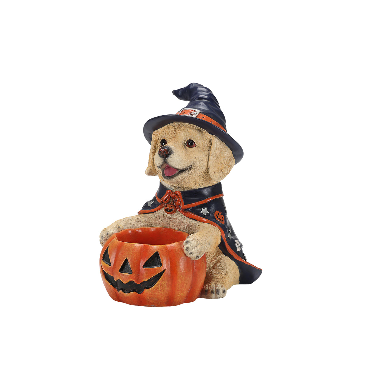 Halloween Labrador Witch Figurine with Pumpkin Candy Bowl, 12.6 in