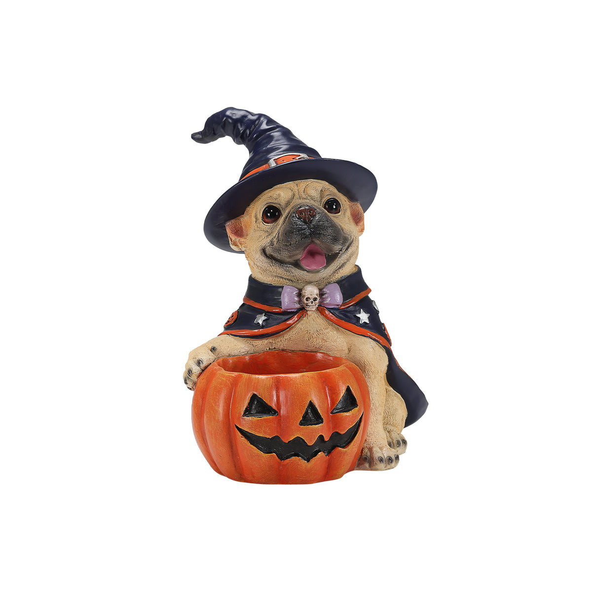 Halloween French Bulldog Figurine with Pumpkin Candy Bowl, Resin