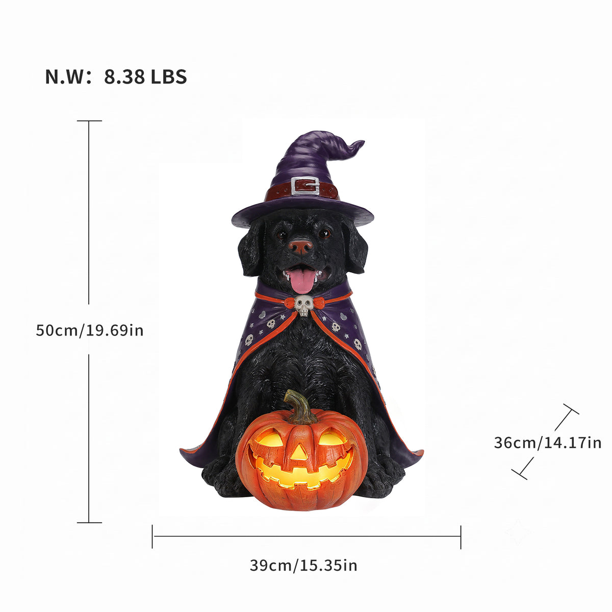 Halloween Labrador Witch Figurine with Pumpkin Candy Bowl, 12.6 in