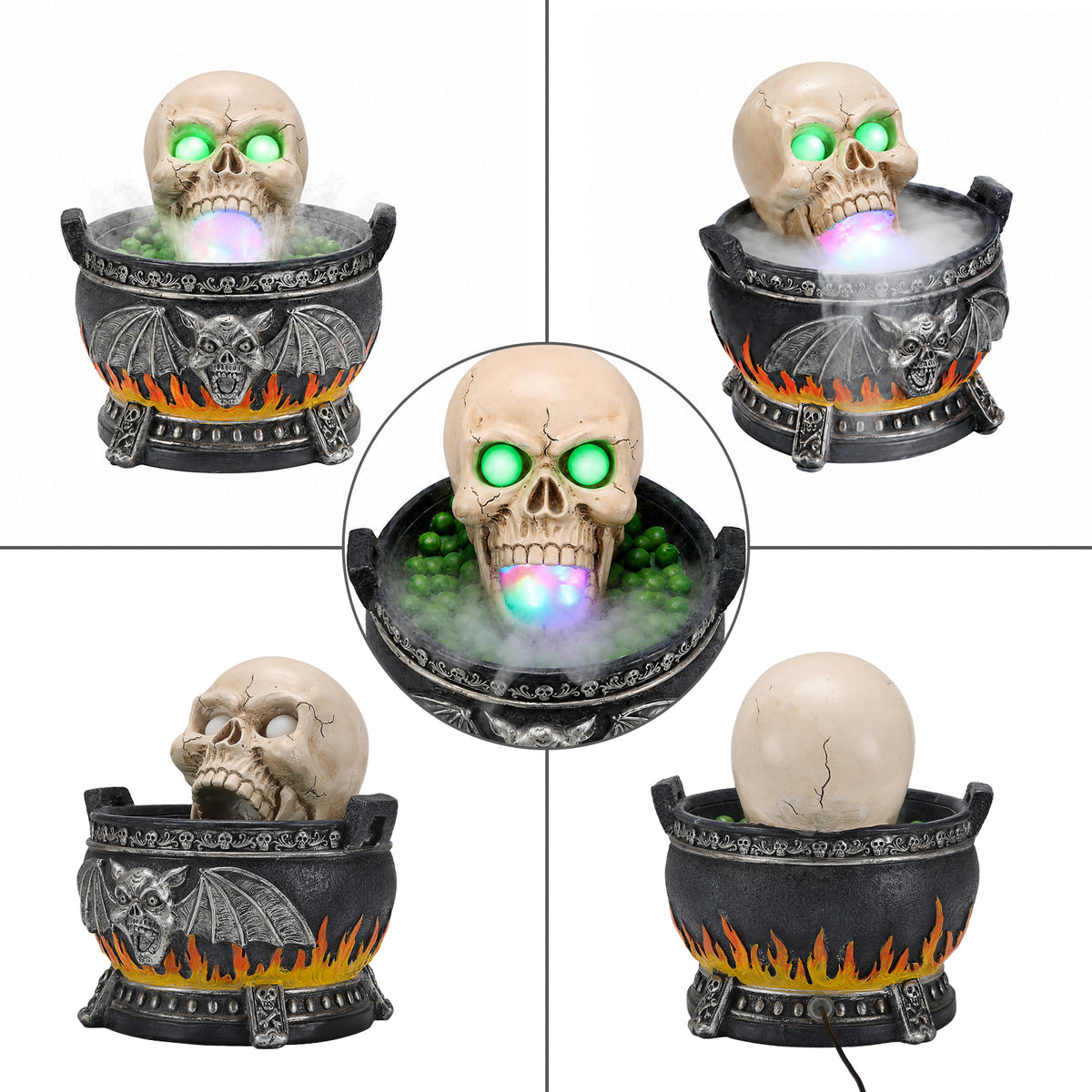 Halloween Skull Cauldron Statue with LED Lights & Mist, Resin