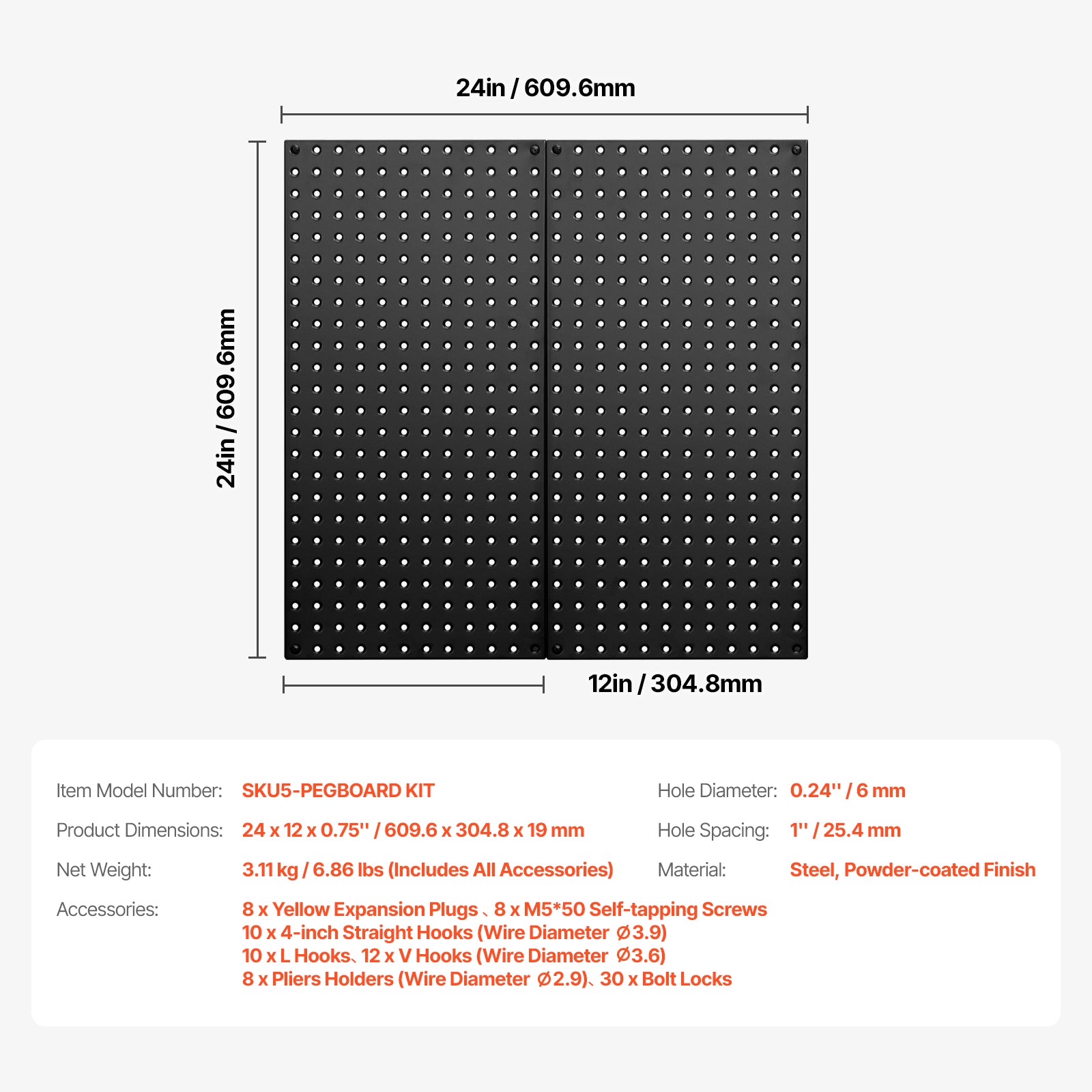 Metal Pegboard Panels 2-Pack, 24"x12" Steel Wall Organizer for Garage Tool Storage, 88 lb Capacity, Black