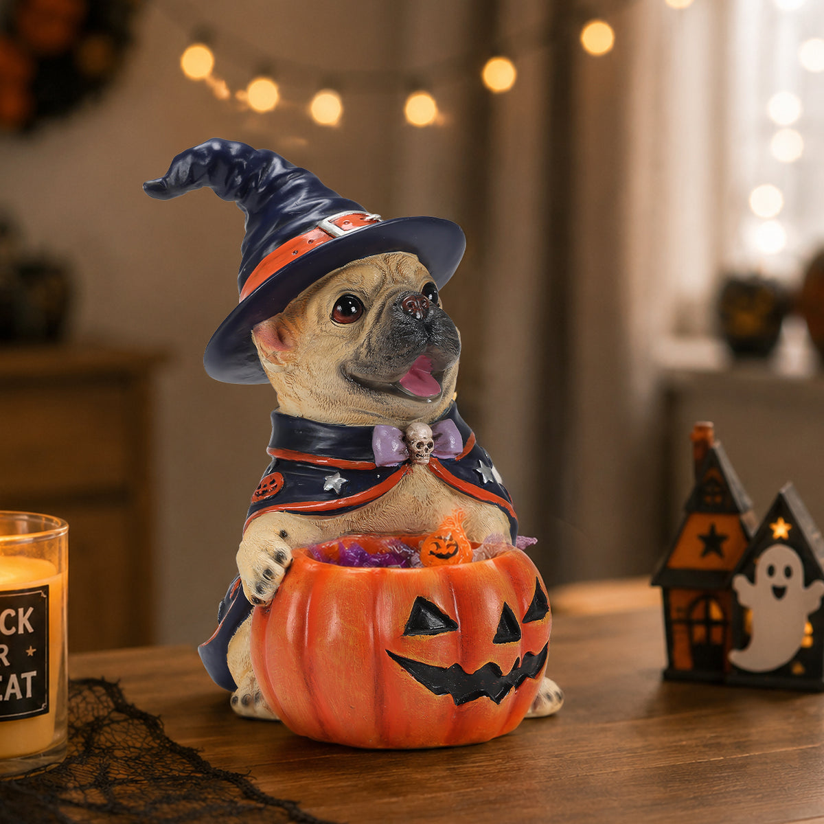 Halloween French Bulldog Figurine with Pumpkin Candy Bowl, Resin