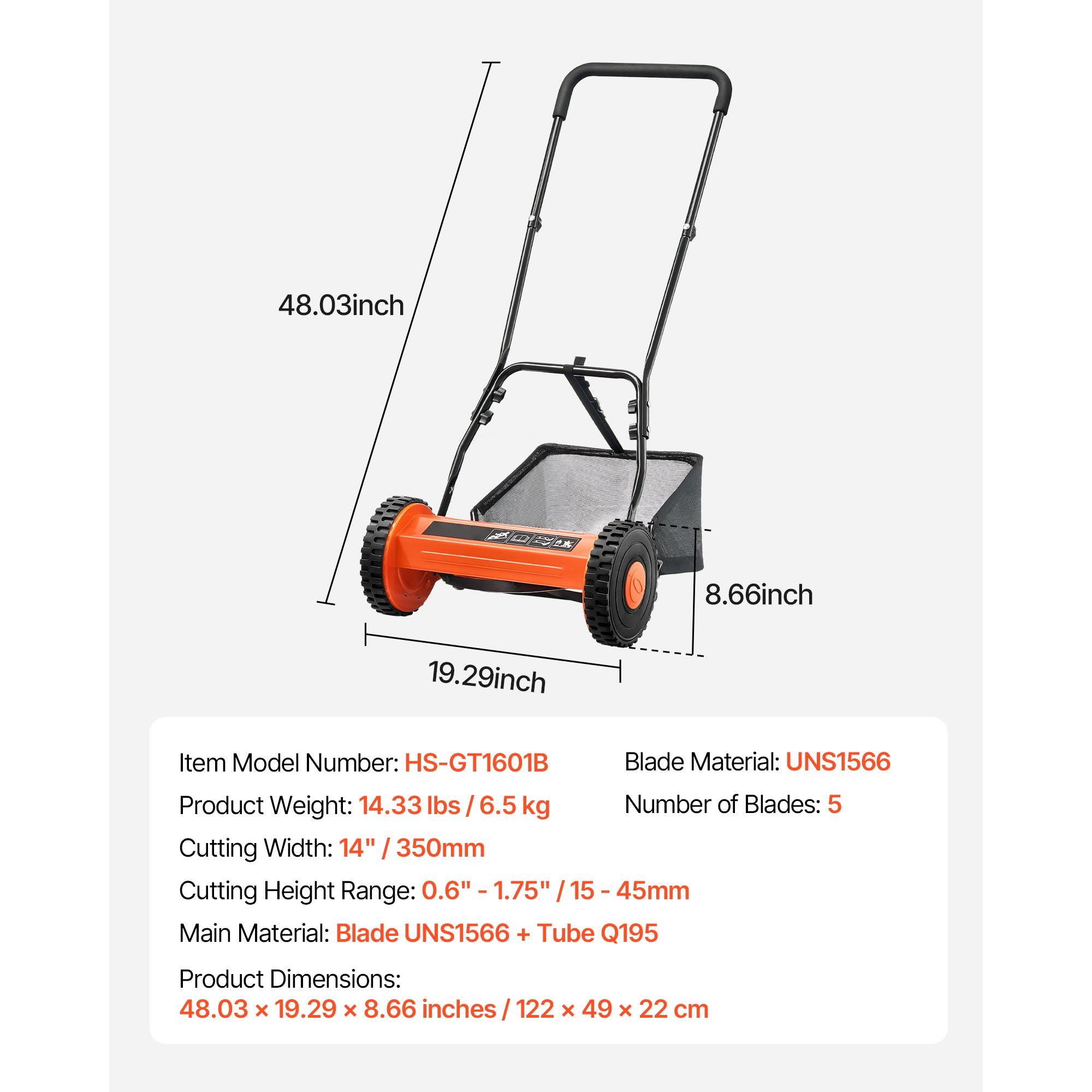 14" Manual Push Reel Lawn Mower 5-Blade Adjustable Height Grass Catcher 2 Wheels