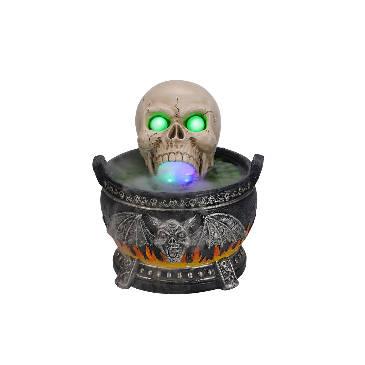 Halloween Skull Cauldron Statue with LED Lights & Mist, Resin