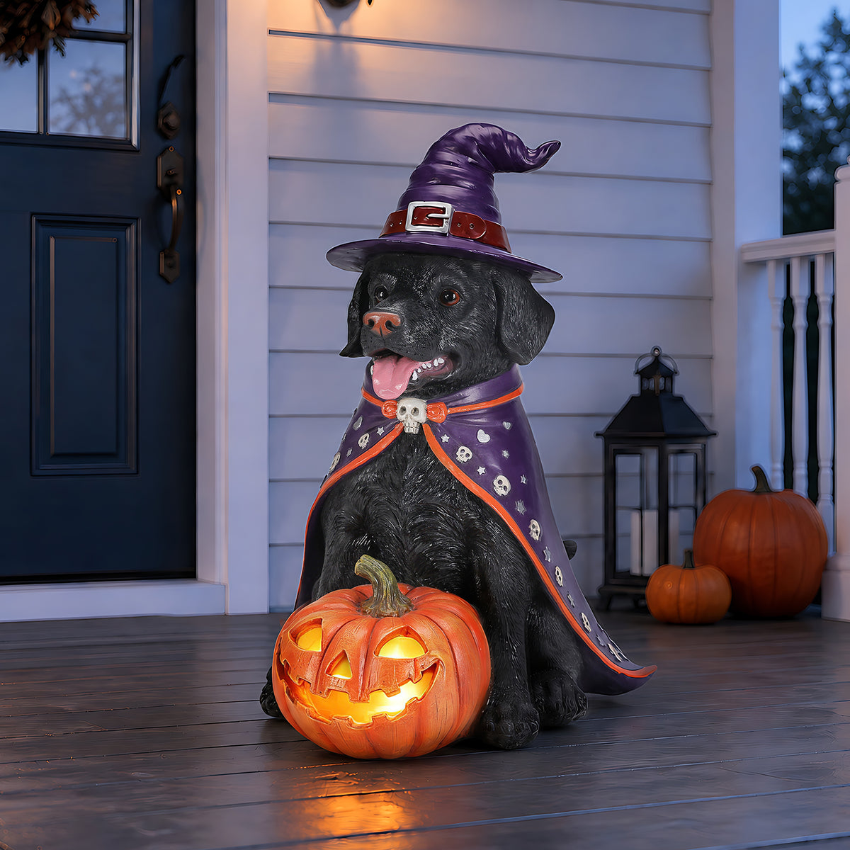 Halloween Labrador Dog Statue with LED Pumpkin, 19.69-Inch Resin