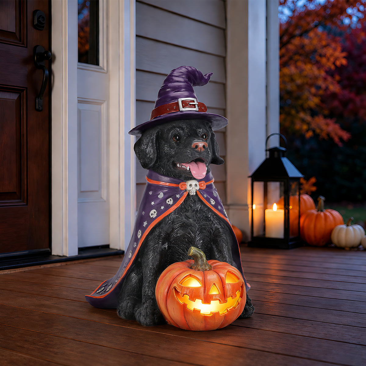 Halloween Labrador Dog Statue with LED Pumpkin, 19.69-Inch Resin