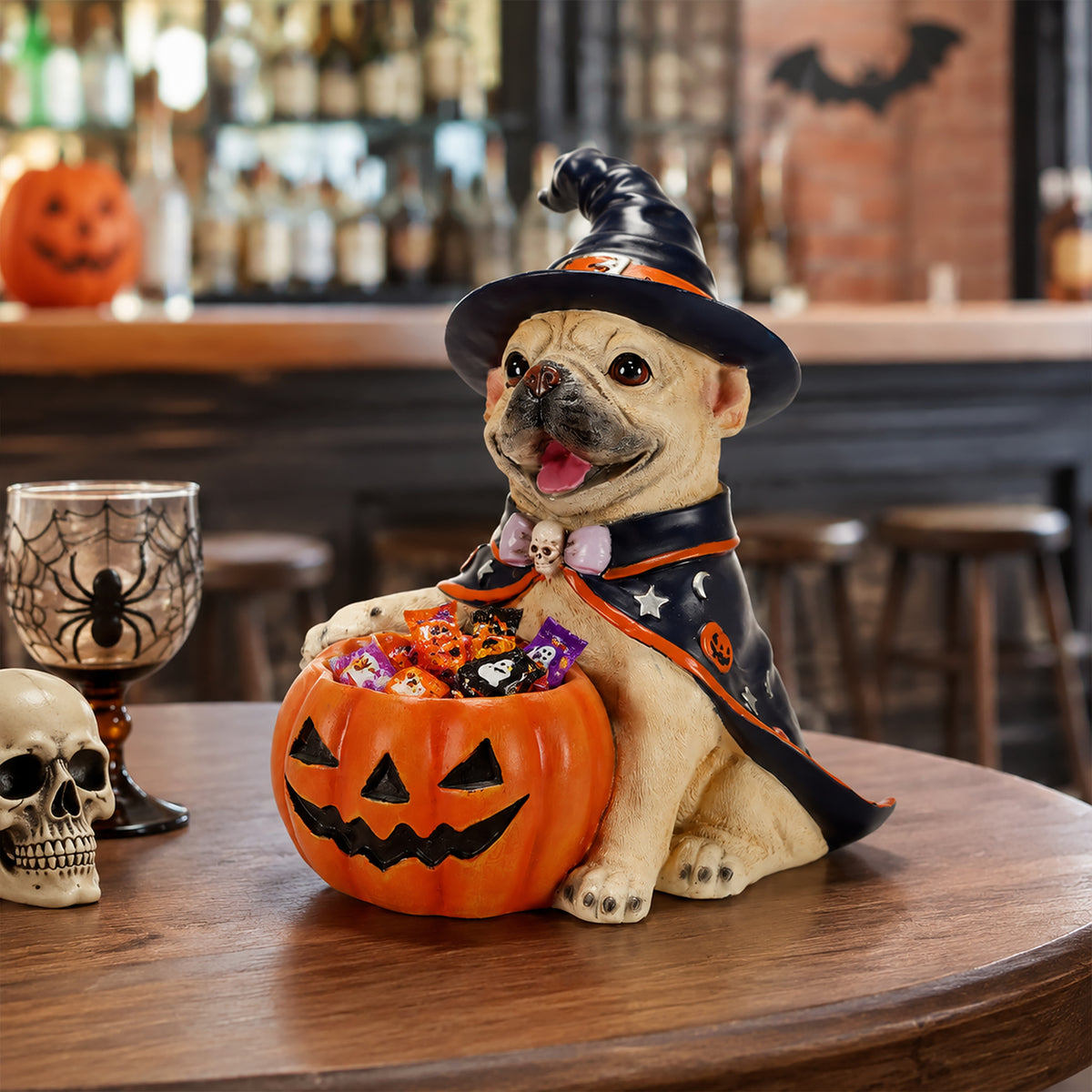 Halloween French Bulldog Figurine with Pumpkin Candy Bowl, Resin