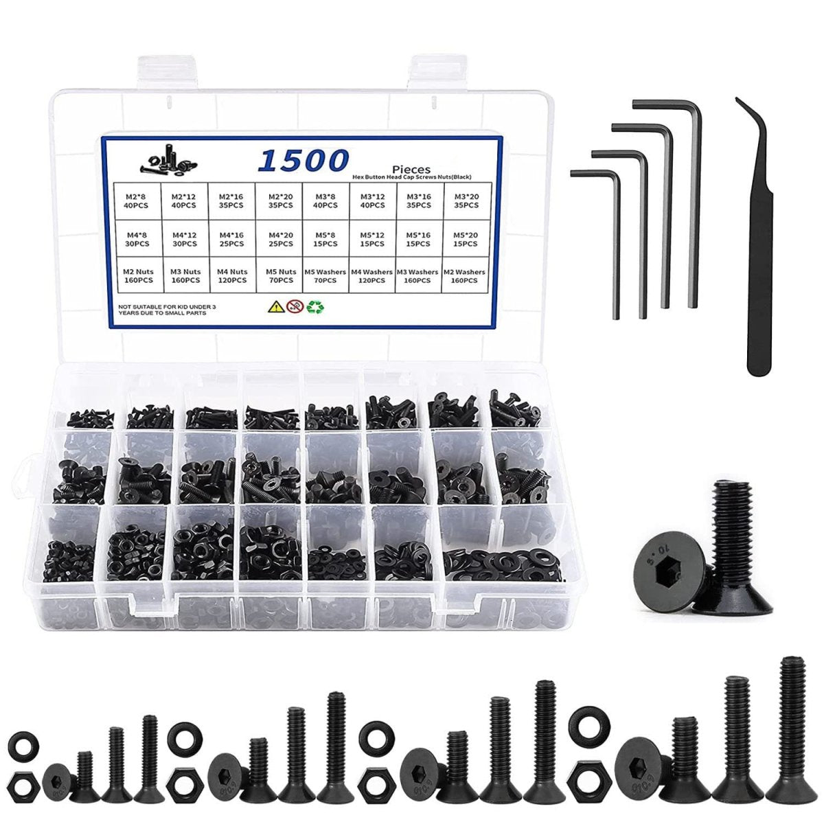 1500pcs Screws Assortment , M2 M3 M4 M5 10.9 Grade Alloy Steel Hex Flat Head Cap Bolts Nuts Washers Assortment Kit with Hex Wrenches - HomeDIYer