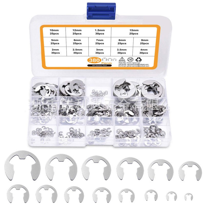 380Pcs 14 Sizes Stainless Steel E - Clip Circlip Kit Retaining Ring Assortment Set - HomeDIYer