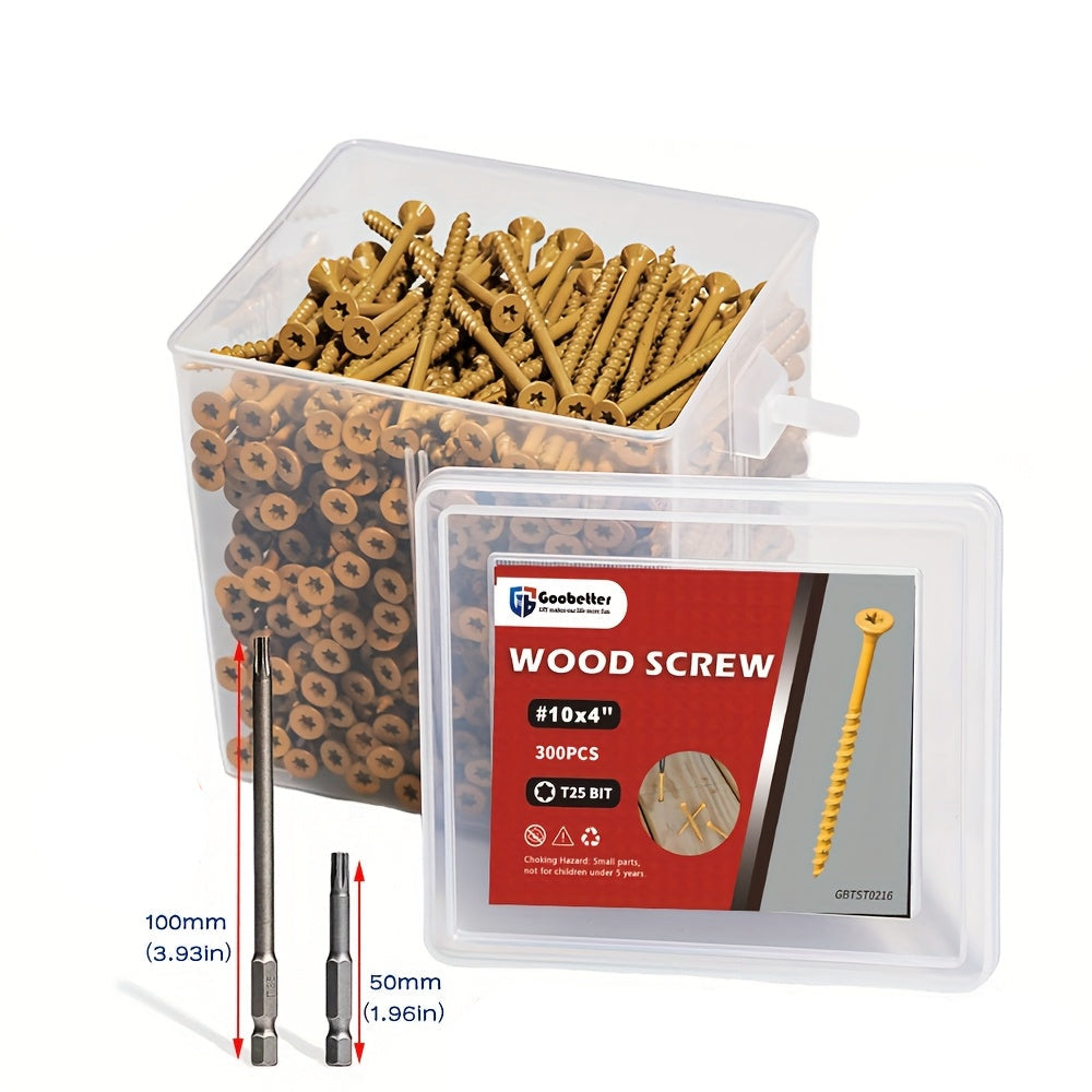 300Pcs Yellow Deck Screws 4 Inch – #10 x 4" Galvanized Wood Screws, Torx/Star Drive, Self Tapping, Includes 2 T25 Bits