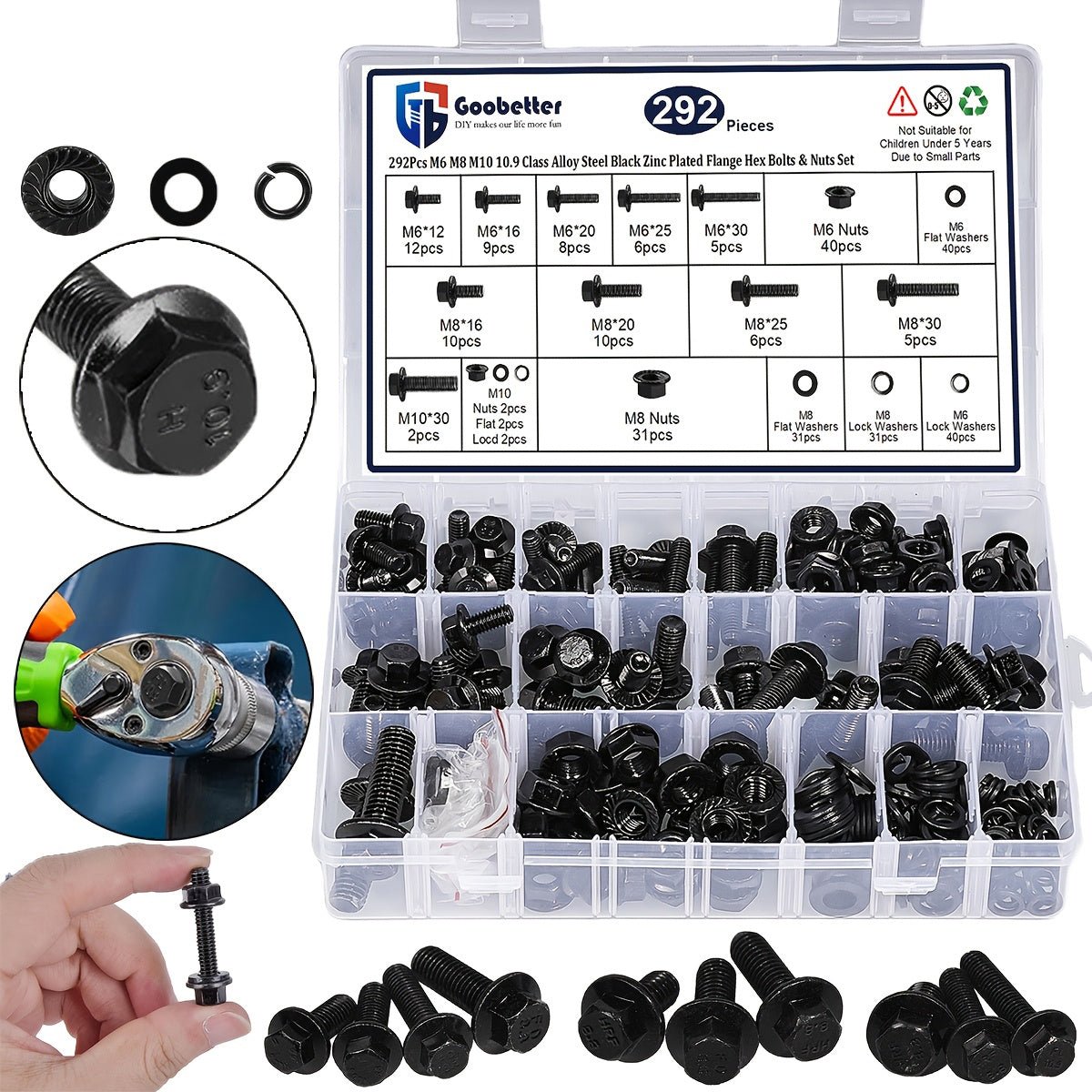 292Pcs Class 10.9 Alloy Steel Black Metric Flange Hex Bolt & Nuts Assortment Set - HomeDIYer