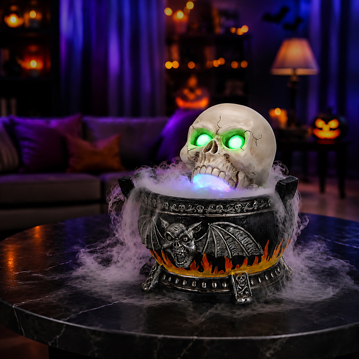 Halloween Skull Cauldron Statue with LED Lights & Mist, Resin
