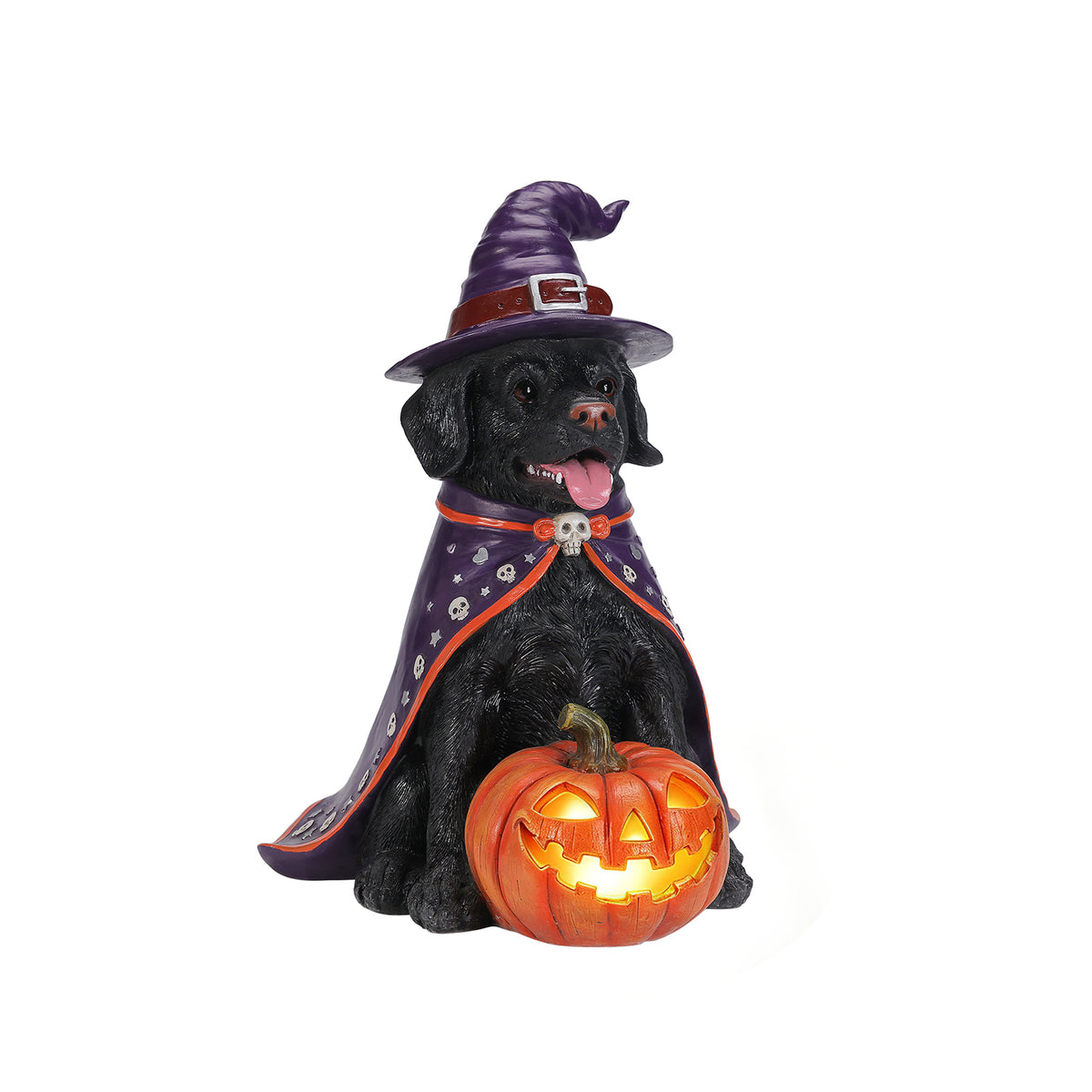 Halloween Labrador Dog Statue with LED Pumpkin, 19.69-Inch Resin