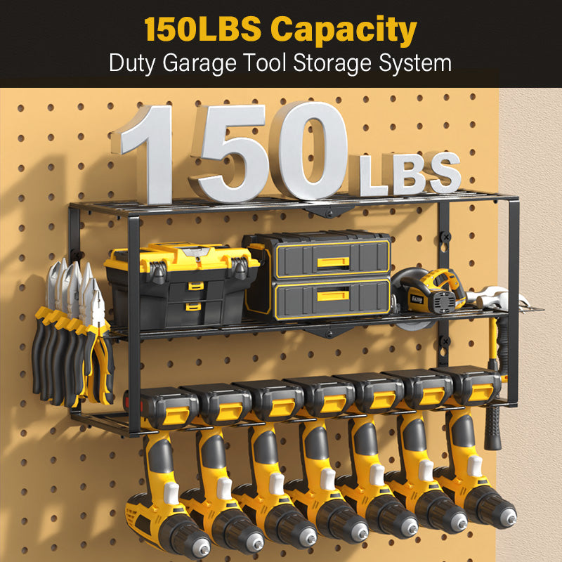 Heavy Duty Metal Power Tool Organizer, 7-Slot Cordless Drill Holder Rack, 150 lb Capacity, Pegboard Compatible, Black
