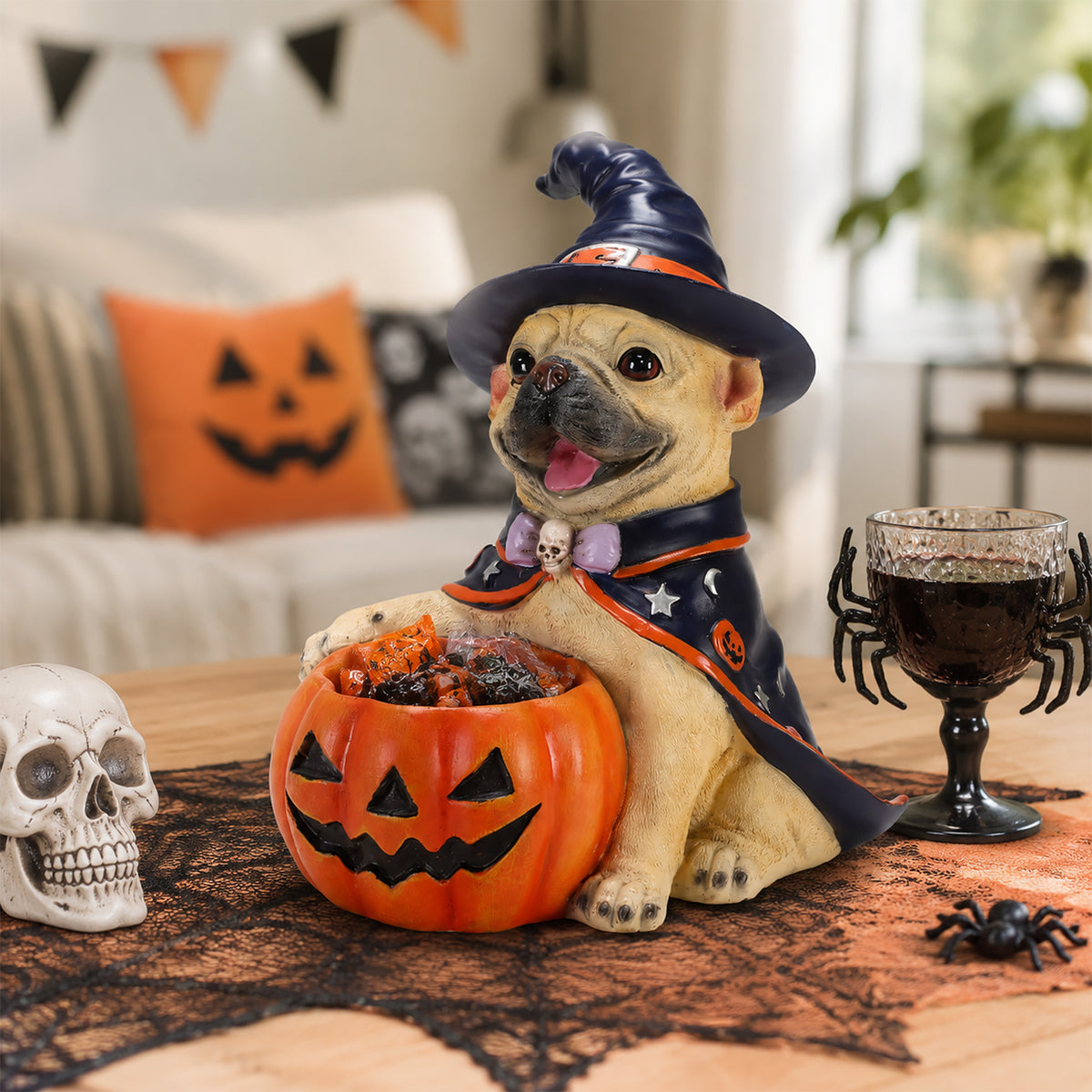 Halloween French Bulldog Figurine with Pumpkin Candy Bowl, Resin