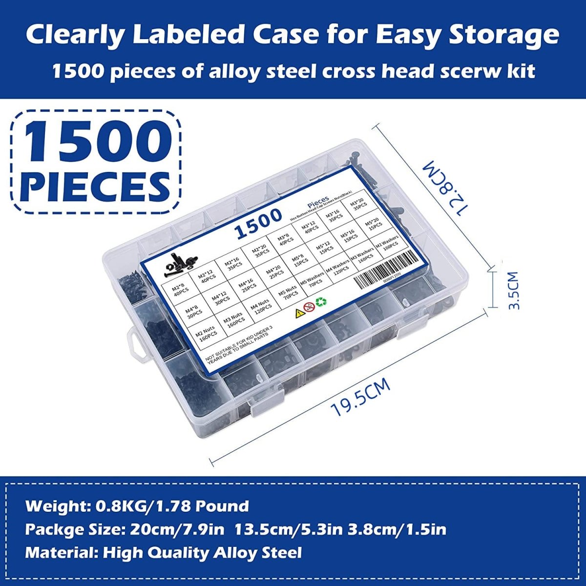 1500pcs Screws Assortment , M2 M3 M4 M5 10.9 Grade Alloy Steel Hex Flat Head Cap Bolts Nuts Washers Assortment Kit with Hex Wrenches - HomeDIYer