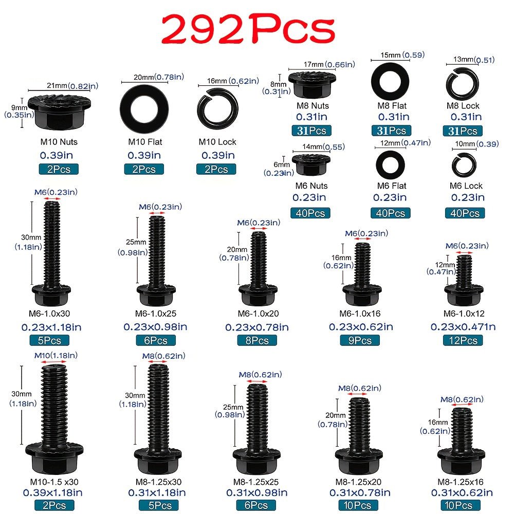 292Pcs Class 10.9 Alloy Steel Black Metric Flange Hex Bolt & Nuts Assortment Set - HomeDIYer