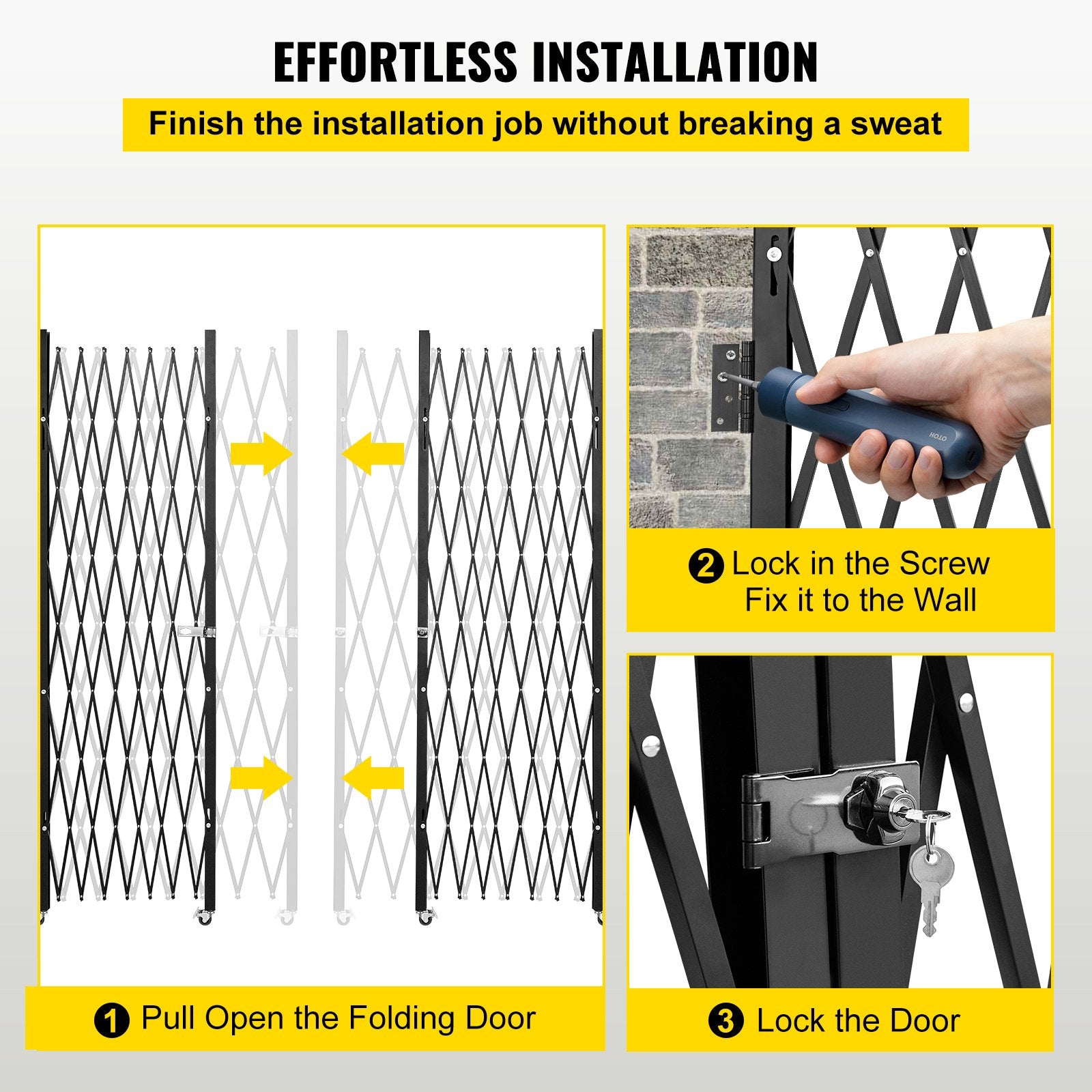 Double Folding Security Gate 7.1'H x 12.5'W – Heavy-Duty Steel Accordion Scissor Gate with Keys