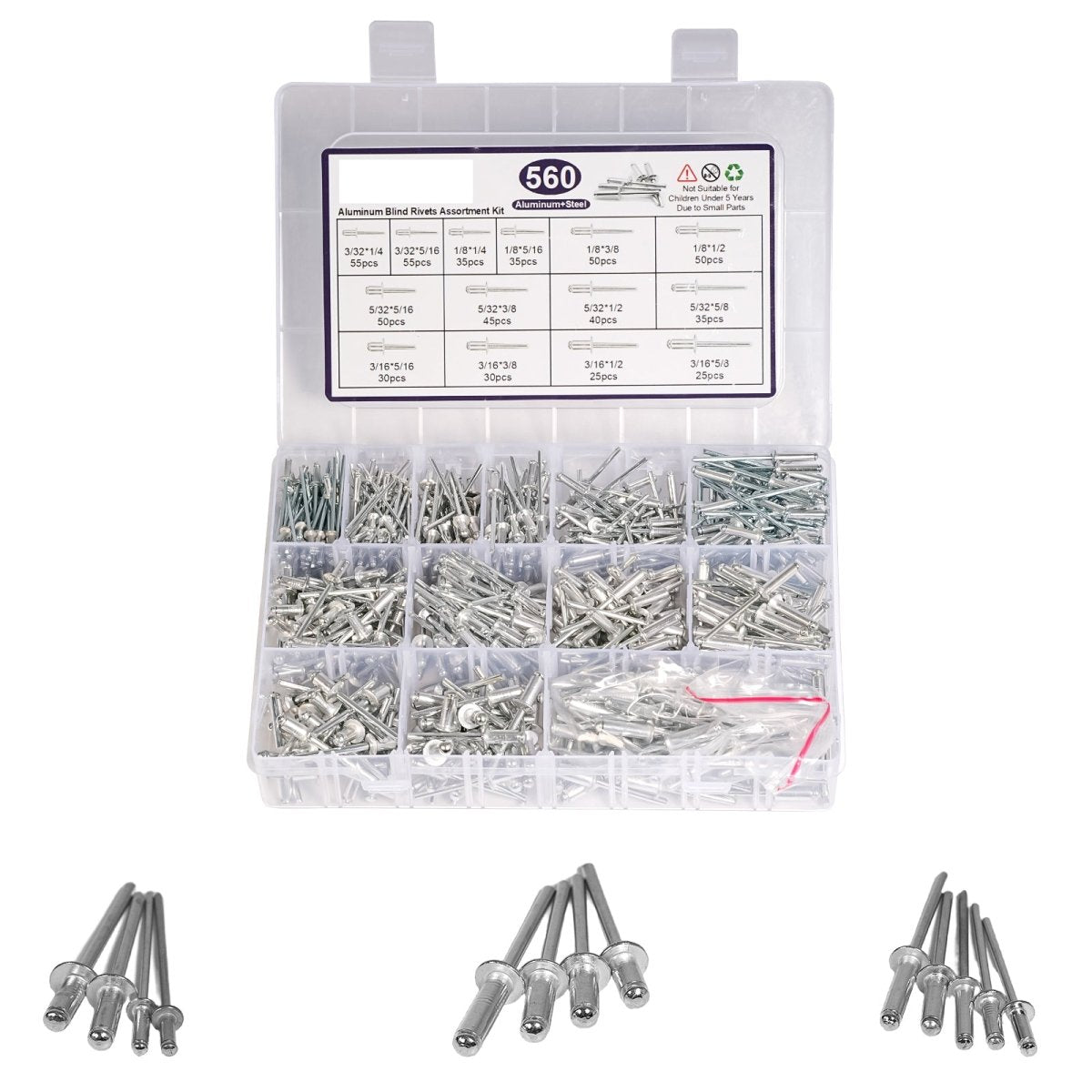 Silver Pop Rivets Assortment Set Aluminium Body Steel Mandrel Open End Dome Head - HomeDIYer