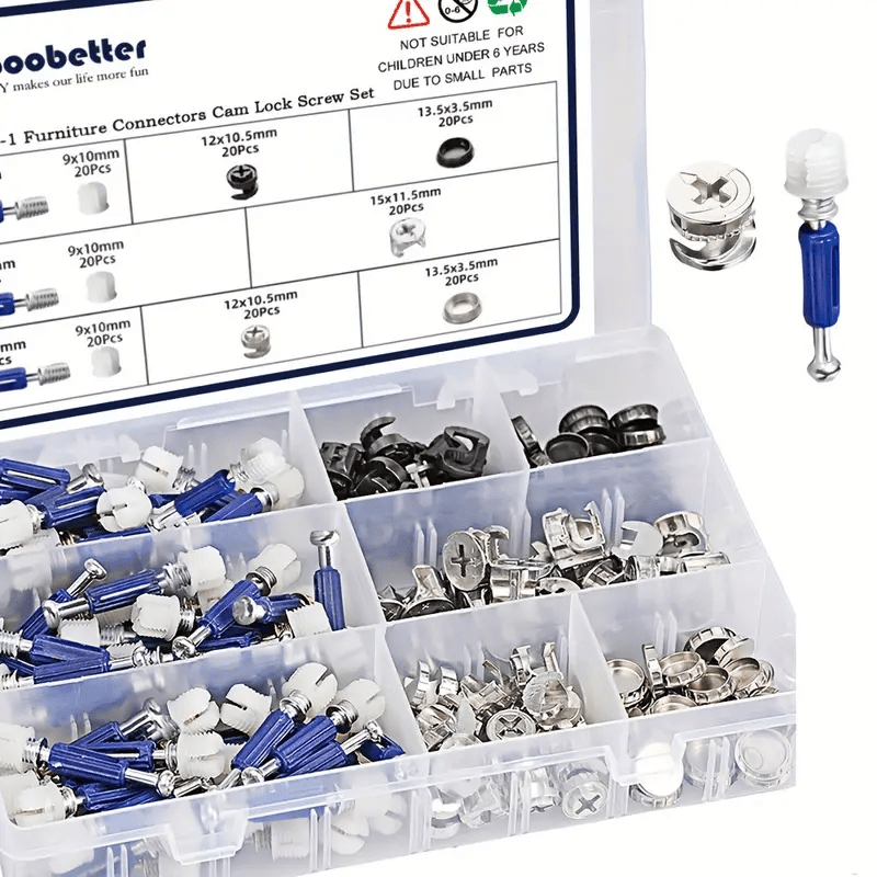 220 - Pack 3 - in - 1 Cam Fittings Furniture Assembly Kit with Dowel, Pre - Inserted Nut, 40mm Rod, Blue, and Multi - Size Repair Spare Parts Nut & Bolt Assortment Sets for Easy Install of Cabinets, Wardrobes Panels & More - HomeDIYer