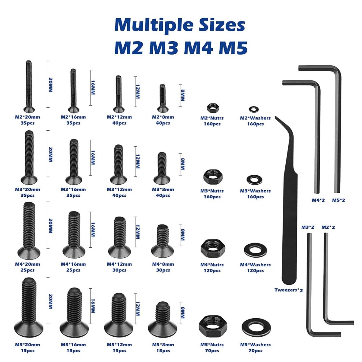 1500pcs Screws Assortment , M2 M3 M4 M5 10.9 Grade Alloy Steel Hex Flat Head Cap Bolts Nuts Washers Assortment Kit with Hex Wrenches - HomeDIYer