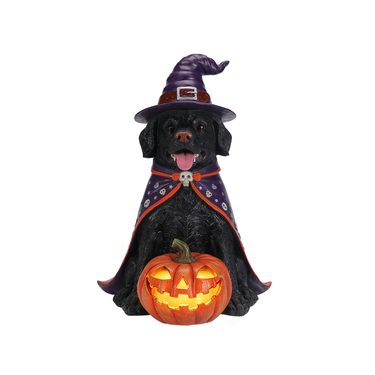 Halloween Labrador Dog Statue with LED Pumpkin, 19.69-Inch Resin