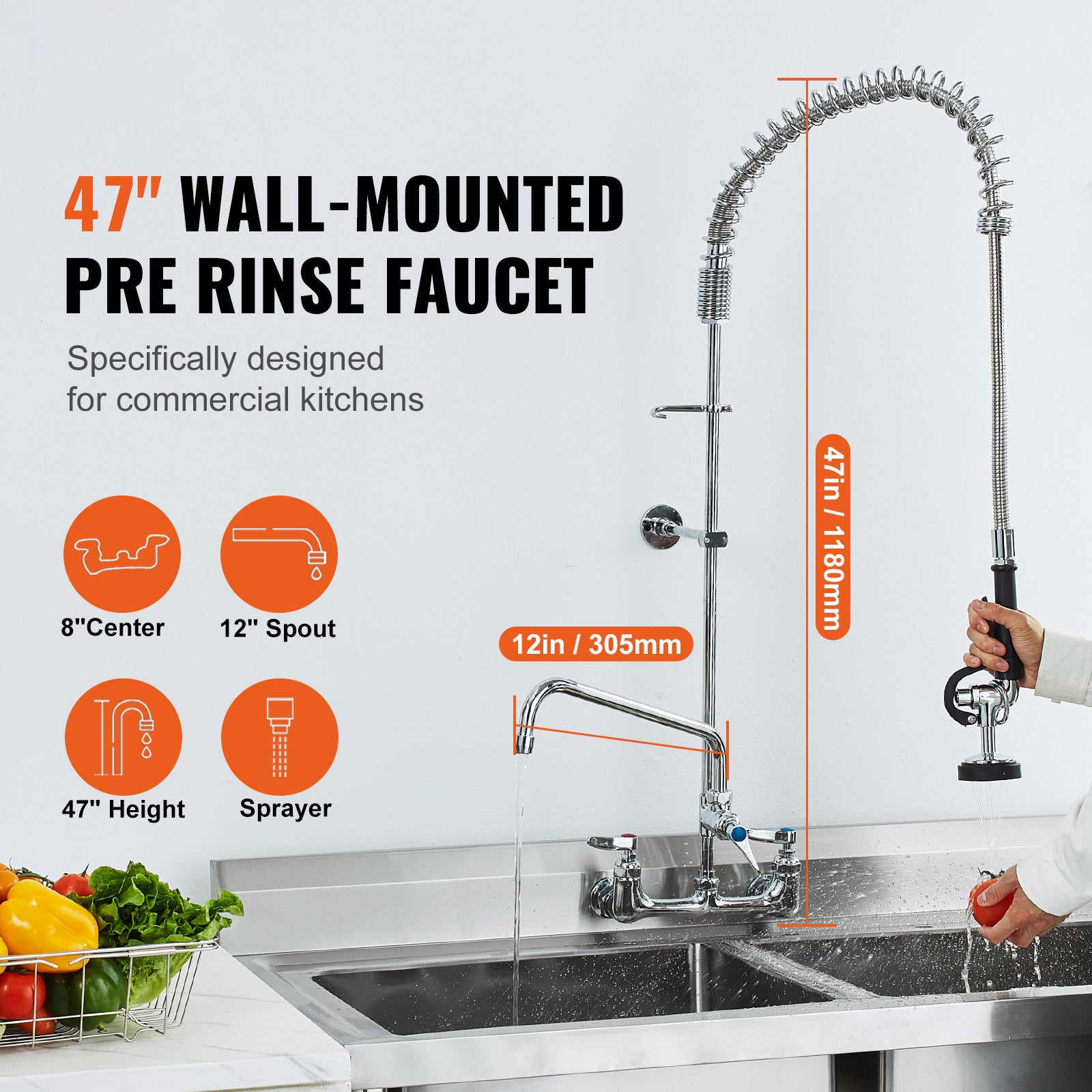 Commercial Faucet with Pre-Rinse Sprayer, 47" Height, 8" Center, 12" Swing Spout, Wall Mount Kitchen Sink Faucet, Brass Constructed Device with Pull Down Spray, for 1/2/3 Compartment Sink