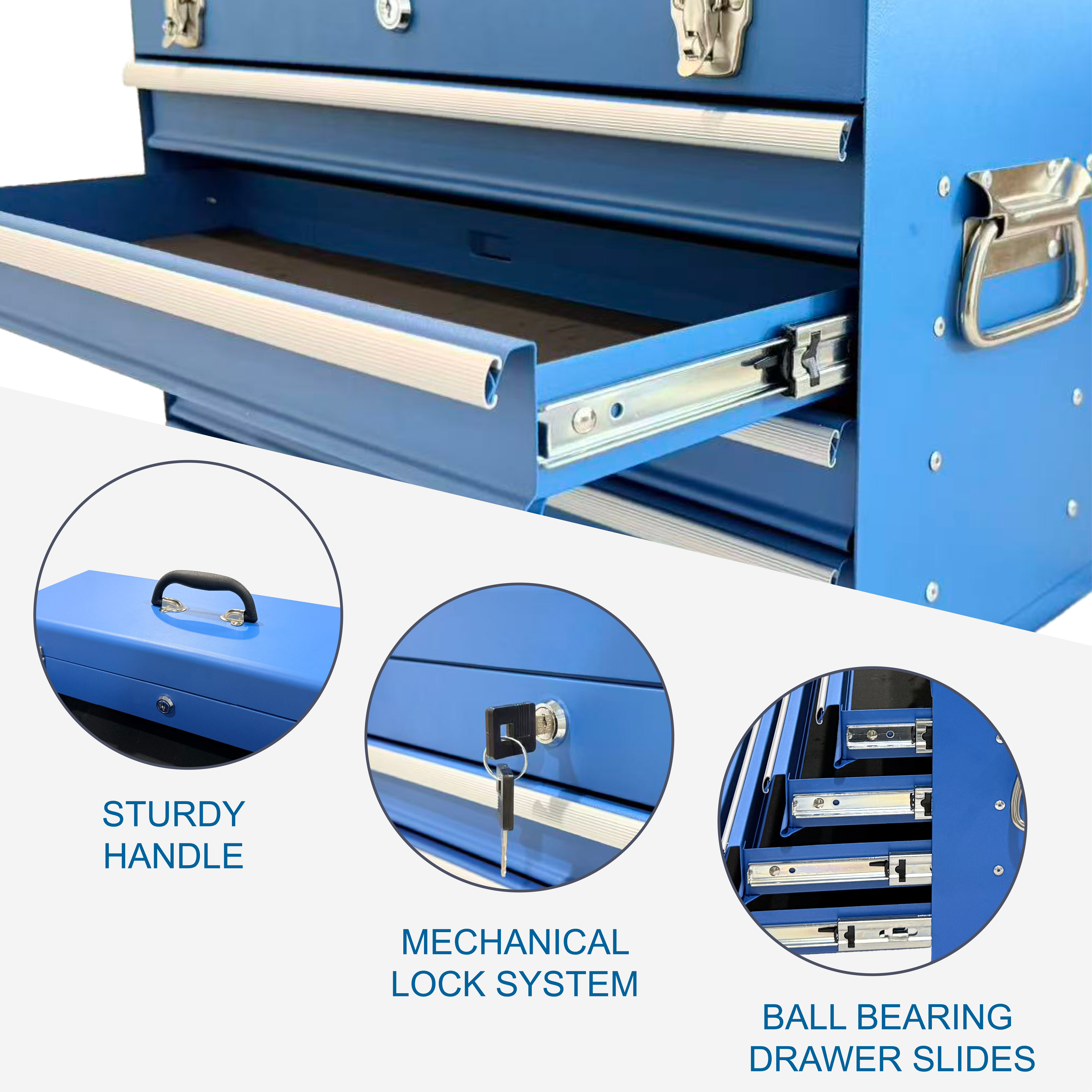 Heavy Duty Metal Tool Box – 21" Portable 4‑Drawer Tool Chest with EVA Liners, Ball Bearing Slides & Locking System