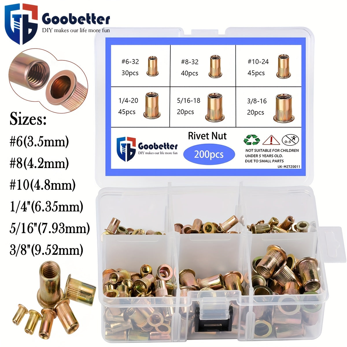 200 Pcs Rivet Nut Kit 6# - 3/8" SAE Flat Head Rivnut Nutsert Assortment Tool Kit